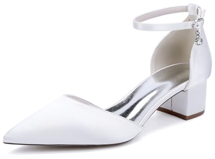 TNMIUH Zapatos de Boda cómodos de tacón bajo para Mujer con tacón de Bloque Punta Cerrada y Tira al Tobillo de satén para Novia Zapatos de Vestir de tacón bajo