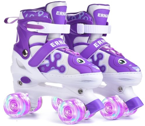 ERNAN Pattini a rotelle per bambini, 8 ruote luminose e 4 misure regolabili. Pattini a rotelle per bambini principianti, adatti per interni ed esterni (Purple, M)