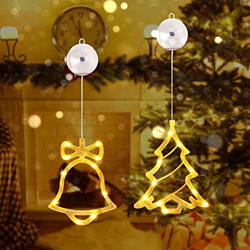 Qedertek Weihnachtsbeleuchtung Innen, 2 Stück LED Lichtervorhang Warmweiß Batteriebetriebene mit Saugnäpfe, Timer, Fenster Lichterkette für Weihnachten Deko, Party, Hochzeit (Weihnachtsbaum & Glocke)