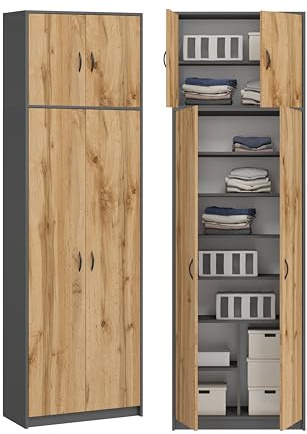 Alto armadio multiuso con 4 ante e 10 ripiani, libreria, armadio per ufficio, armadio per la casa 235x74x35 cm (Grafite/Rovo Wotan)