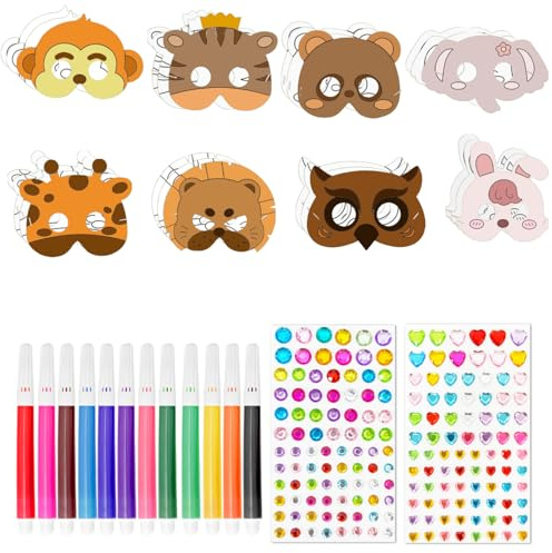 XDGBGFN Lot de 24 masques à peindre pour enfants - Masques d'animaux à colorier avec 176 strass autocollants - 12 crayons de couleur pour enfants - Pour anniversaire d'enfant, Halloween, fête dans la