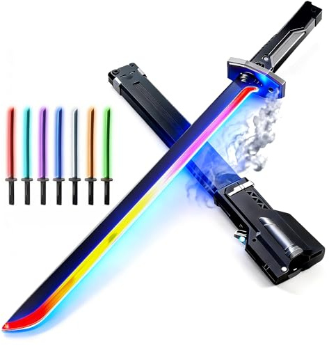 FKCOQ Spada luminosa a LED Spark Smoke da 81 cm, ricarica di tipo C, giocattolo cosplay anime con 7 luci colorate, effetti sonori di collisione tattile per feste di Halloween e giochi di ruolo