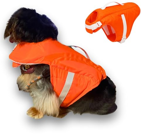 Pawcratean High-Visibility Dog Life Jacket – Adjustable Safety Vest with Secure Handle for Swimming, Boating & Water Activities (Orange, Small)