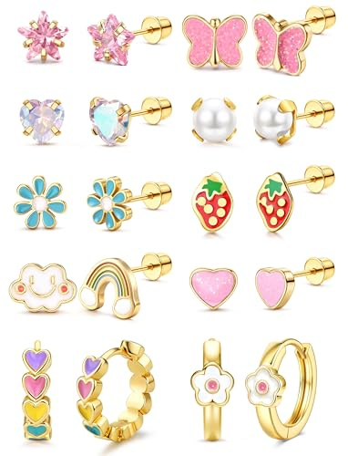 Adramata 10 Paires Boucles d'Oreilles Fille Femme Acier Inoxydable Hypoallergéniques Boucles Oreille Ensemble Rose Multicolore CZ Fleur Coeur Papillon Vis dos Boucle Doreille Enfant Fille