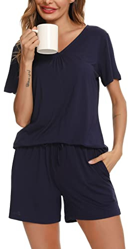 Vlazom Women's Pyjama Sets V-Neck Soft Loungewear Summer Pjs Set Short Sleeve Sleepwear with Pockets Drawstring, Navy Blue, M