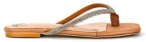 ESSEX GLAM Womens Flat Sandals Ladies Diamante Flip Flops Summer Holiday Rhinestones Slip On Toepost Shoes Size 3-8 Rose Gold