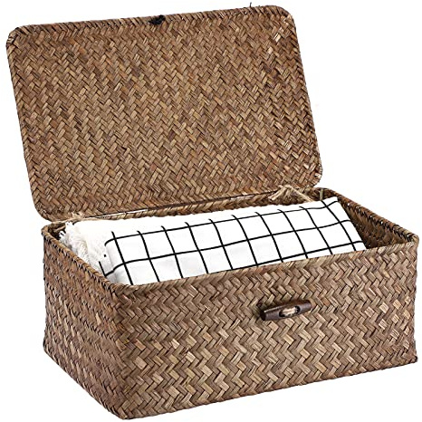 Hipiwe Wicker Shelf Baskets Bin with Lid, Handwoven Seagrass Basket Storage Bins Rectangular Household Basket Boxes for Shelf Wardrobe Home Organizer, Coffee Small