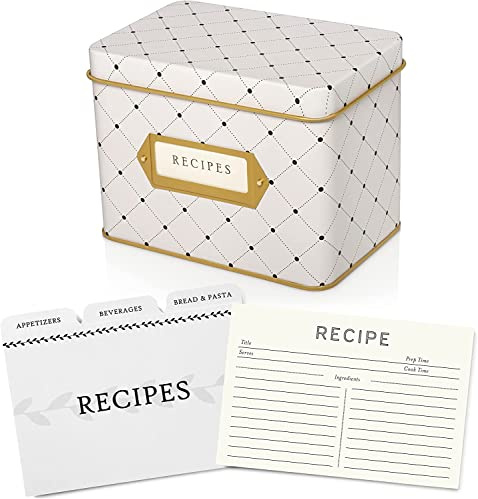Jot & Mark Recipe Card Complete Gift Box | Decorative Recipe Tin Box, Recipe Cards, Index Dividers (14 dividers, 50 4x6 inch Cards, 1 Box)