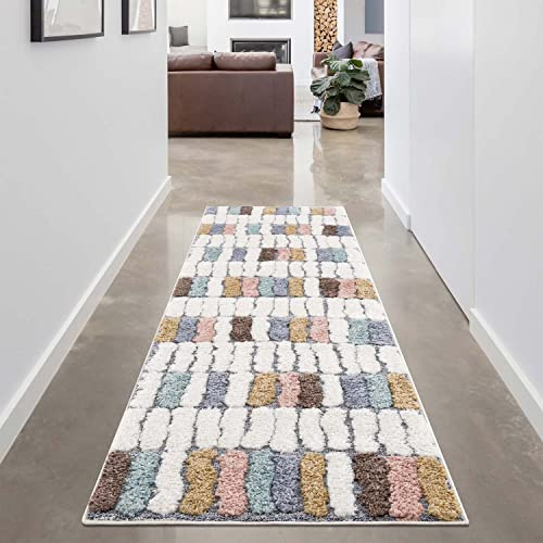 carpet city Teppich-Läufer Hochflor Flur - 80x300 cm - Modern Geo-Muster Mehrfarbig - Cut-Loop, Hochtief, 3D-Effekt - Shaggy Teppiche Flauschig-Weich Schlafzimmer Langflor Bettvorleger