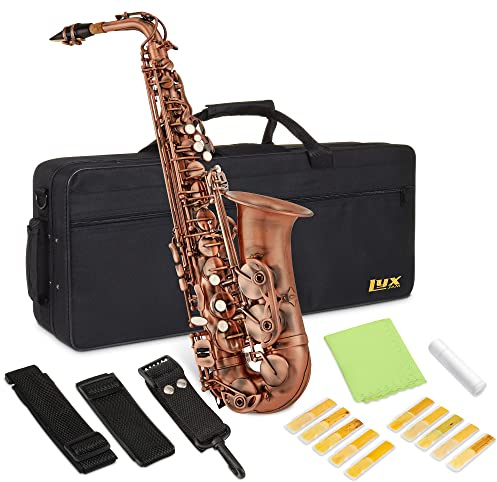 LyxJam Alto Saxophone E Flat Brass Sax Kit, Professional Sound, Complete Accessories, Ideal for All Players, Includes Hard Case, 10 Extra Reeds, Strap, Gloves, Cleaning Kit & More, Antique Red Finish