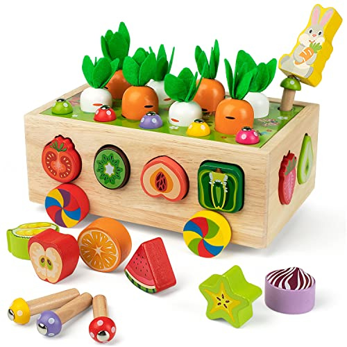 Coogam Montessori Giocattoli Motori Fini per Bambini Piccoli, Selezionatore di Forme in Legno Gioco di Raccolta di Carote, Giocattolo educativo per l'apprendimento prescolare per 2 3 4 Anni
