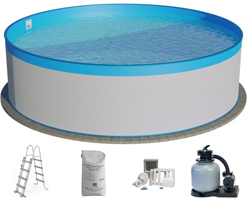 Planet Pool Stahlwandpool Set (6-teilig) hoch rund 300 x 90 cm, Stahl 0,3 mm weiß Folie 0,2 mm blau