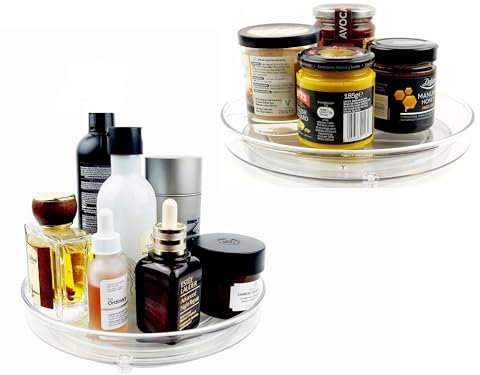 SOUS MIRAS Lazy Susan Turntable – 360° Rotating Clear Acrylic Spice Rack & Condiment Tray, Non-Slip Kitchen Storage Organiser for Cabinet, Pantry, Fridge & Table – Set of 2 (Small)