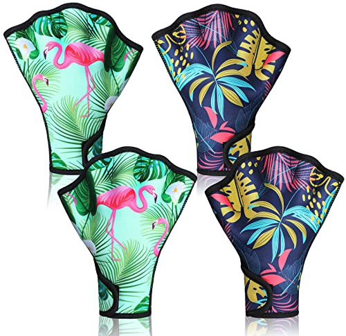 Honoson 2 Pairs Swimming Gloves Women Water Aerobics Gloves Aquatic Fitness Water Resistance Webbed for Men Women Unisex Poll Training Exercise(Flamingo Monstera,Medium)