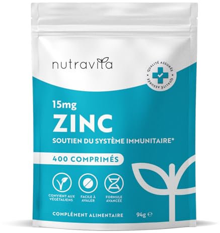 Zinco Integratore - 400 Compresse Vegane - 1 anno+ Fornitura - Zinco 15mg - Integratore Zinc per Mantenere il Normale Sistema Immunitario, Ossa, Capelli, Pelle e Unghie - Molto dosato - Nutravita