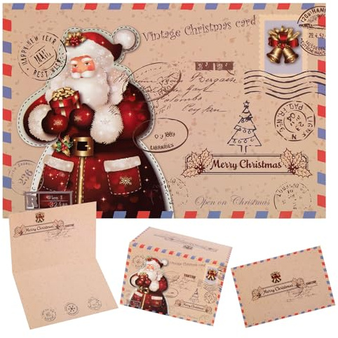 Gukasxi 10 Tarjetas de Navidad con sobre, Tarjetas de Felicitación de Navidad Vintage, Tarjetas de Navidad de Papel Kraft, Tarjetas Regalo Navidad Para Navidad y Año Nuevo
