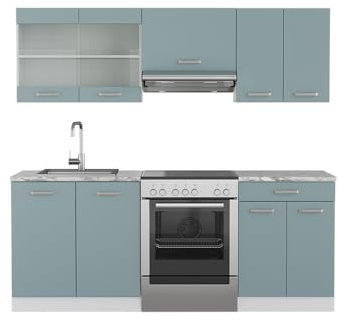Vicco Küchenzeile R-Line, Blau-Grau/Weiß, 200 cm ohne Arbeitsplatte, zur individuellen Erweiterung mit zusätzlichen Modulen geeignet