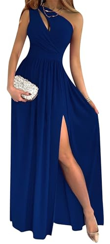 OMZIN Femme Robe Une épaule sans Manches Robe D'été Fente Latérale Unicolore Cocktail Club Party Maxi Robes Bleu M
