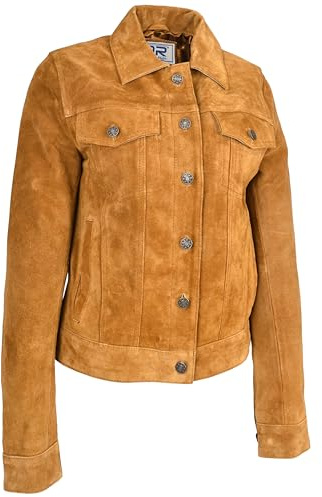 Divergent Retail Chaqueta clásica de piel de ante para mujer, estilo camionero, puños abotonados, color marrón Daija, canela, 38