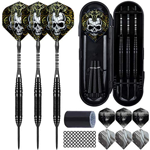 Dartpfeile mit Metallspitze, 3 Stück 22 Gramm Profi Steeldarts, Steel Dartpfeile Set 3 Aluminium Schaft mit 9 Flights, 50 Anti-Lose Gummiringe und 1 Dart Tool Sharpener (Schwarz)