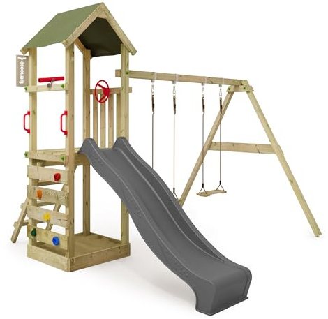 FATMOOSE Spielturm Klettergerüst KiwiKey Kick XXL mit Schaukel & Rutsche, Outdoor Kinder Kletterturm mit Sandkasten, Leiter & Spiel-Zubehör für den Garten (Anthrazit)