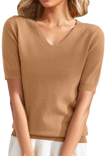Chanpning Pull à Manches Courtes pour Femme - Tricot Fin - Col v - Léger - Stretch - Couleur Unie- Chemisier Basique - Printemps Été -Pull Femme Chic Et Elegant