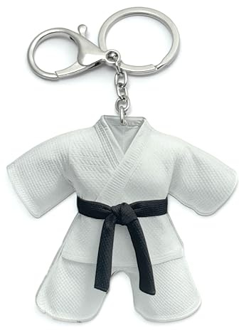 FizzyButton Gifts Karate Martial Arts Suit Gi Black Belt Keyring Key Ring | Silver Tone Lobster Clasp and Keychain / Acrylic Charm / Novelty Gift