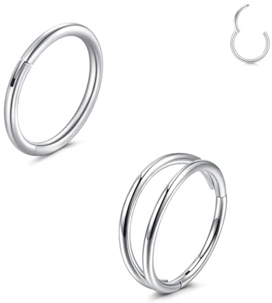 LAURITAMI 2Pcs Nose Rings Hoop Stainless Steel Cartilage Helix Earrings Hoop 20G 18G 16G Hinged Piercing Ring Septum Tragus Segment Ring Clicker, Diameter 6/8/10mm Silver-Gold