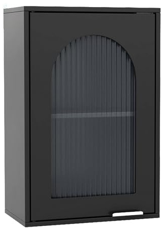 COSTWAY Bathroom Wall Cabinet, Wooden Storage Cupboard with Tempered Glass Single Door and Adjustable Shelf, Wall Mounted Medicine Cabinet Bathroom Unit for Living Room Kitchen Hallway (Black)