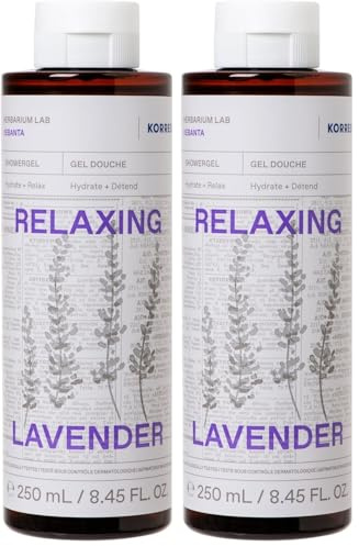 KORRES RELAXING LAVENDER gel doccia al profumo di lavanda per uomo e donna, per un rituale serale rilassante e calmante, vegano, senza silicone e senza parabeni, 250 ml (Confezione da 2)
