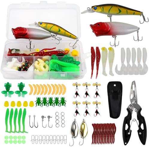 83 stycken fiskebeten set med betesbox och fisketång – inklusive drag för konstgjorda, gummifisk, fiskebete, blinkers, popper, wobbler, jigheads fisketillbehör för gädda gös öring abborre i söt- och