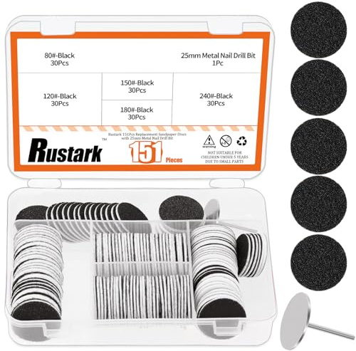 Rustark 151Pcs Black Sanding Paper Disc with Metal Nail Drill Bit Kit #80#120#150#180#240 Grit Round Pedicure Replacement Sanding Discs for Foot Files Remover Dead Skin Polishing Craft