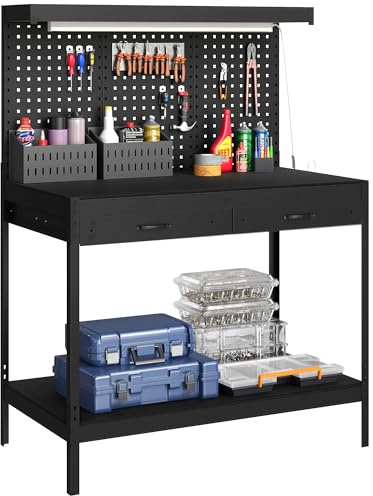 HOMCOM Banco de Trabajo, Carga 272 kg, 110x60x150 cm, Mesa de Trabajo con Tableros Perforados Metálicos, Toma de Corriente, Luces LED, 2 Cajones y Estantes, para Garaje y Taller, Negro