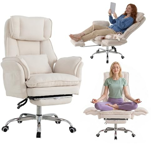 UEV Bekväm och lämplig stol med vändbara armstöd, 70x76x109-117cm, vit | Ergonomisk kontorsstol för husdjur, lutning från 90 till 150° och justerbar höjd