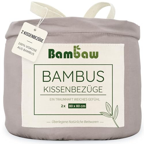 Bambaw Kopfkissenbezug 80x80 Bambus, 2-er Pack, weiche für Allergiker Bettwäsche, 100% Bambusfasern, Kissenbezug antibakteriell und Anti Akne, kühlende Kissenbezüge 80 x 80 cm (Grau)