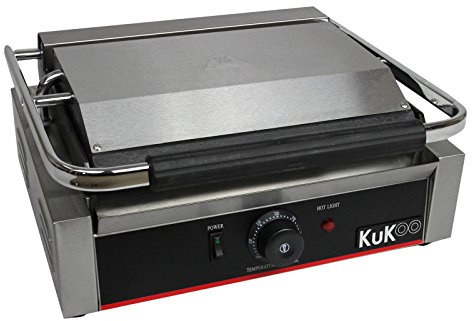 KuKoo - Piastra per Panini Professionale con Griglia Rigata e Liscia, 2200W, 50-300°C, Acciaio Inox e Griglia in Ghisa per Hamburger, Sandwich con Spazzola Gratis