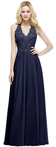 Misshow Robe Femme Longue Mousseline Chic Soirée Robe de Gala Longue Dentelle sans Manche Epaule Nu Sexy Dos Ajouré Bleu Marine 36