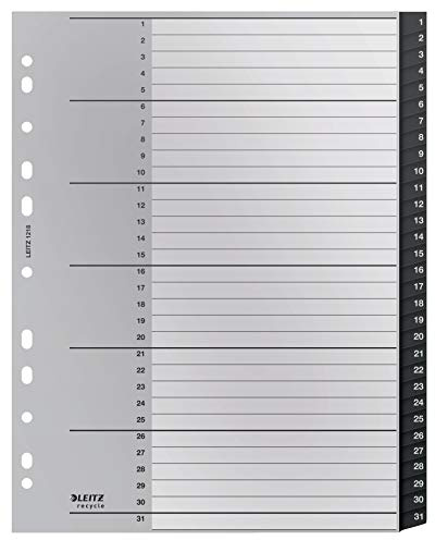Leitz Index Folder Divider, 1-31 Numerical Tabs, A4, Extra Wide, 90% Recycled Plastic, Eco Friendly, Premium Quality, Recycle Range, 12180095, Black