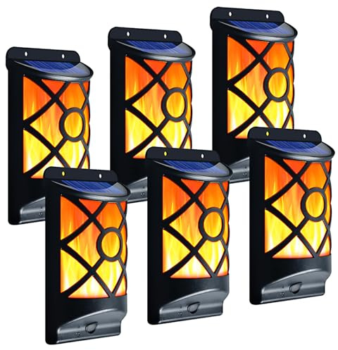 LazyBuddy Solar Flame Lights Outdoor, 6 Pack Waterproof Wall Lantern with Realistic 3D Flickering Flames, 66 Ultra Bright LED Night Light Garden Decor for Patio, Fence, Deck, Yard - Auto On/Off