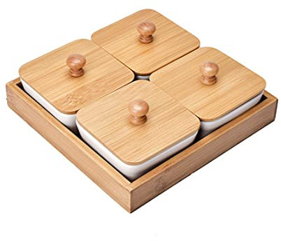 JasCherry Cuencos de Aperitivo con Bandeja de madera, Bandejas para Aperitivos de Porcelana con Tapa de madera, Plato de Cerámica de Extraíble para Aperitivos, Condimentos, Frutos Secos, Snacks