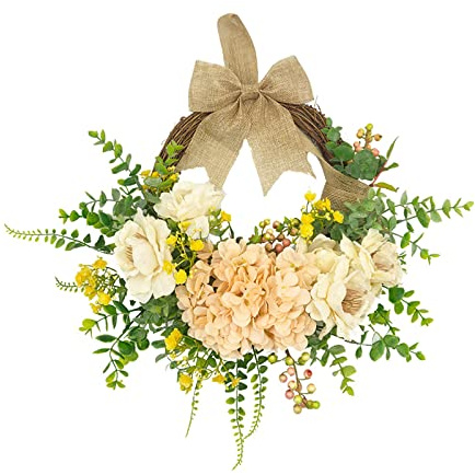 DEDEMCO Corona di fiori di peonia primaverile da 40 cm per porta d'ingresso, ghirlanda floreale di ortensia artificiale con frutti di bosco, margherita, fiore verde, foglie di vite,