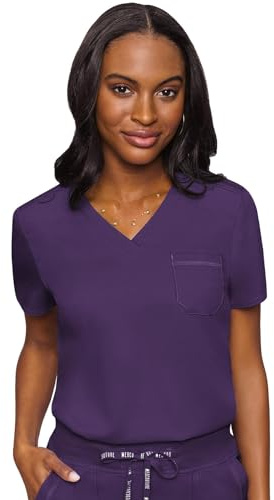 Med Couture Women's V-Neck Scrub Top, Modern Fit Tuck-in Top with Stretchy Rib-Knit Shoulders and Chest Pocket - MC7448, Eggplant, Small