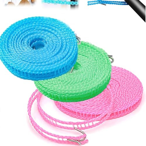 KHDULQ 3 PZS 5M Cuerda Tendedero Exterior,Tendedero Exterior Cuerda Tendedero Cuerda para Tender Ropa Exterior para Perchas De Camping De Interior Y Exterior（Azul+Verde+Rosa）
