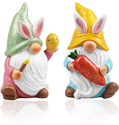Songjum 2 st påskhare tomtar harts med skimrande pulver, påskkanin, tomte med morötter, ägg för hem, bord, nivåindelad bricka, hylla dekor
