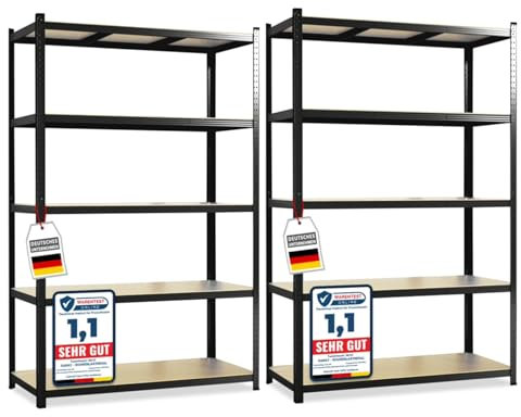 KARAT – Lot de 2 étagères Robustes Lakota pour Charges Lourdes – Étagères enfichables avec 5 tablettes réglables – Rayonnages en métal Idéal pour Cave ou Garage – Noir, 180 x 90 x 40 cm