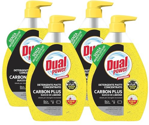 Detergente Piatti Concentrato, CARBON PLUS, Ideale Per Stoviglie Incrostate. Con Carbone Attivo e Succo Di Limone. Elevato Potere Sgrassante. Senza Microplastiche 600ml (4 Unità)