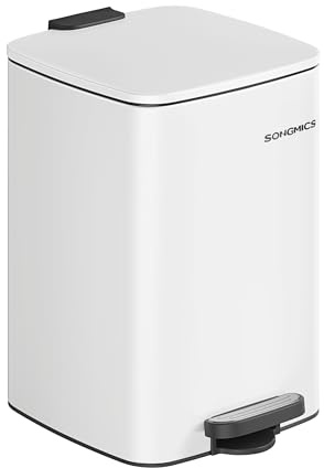 SONGMICS Kitchen Trash Can, 5.2-Gallon (20 L) Trash Bin, Stainless Steel Garbage Can, with Inner Bucket, Soft Close and Stays Open, Cloud White ULTB592W01