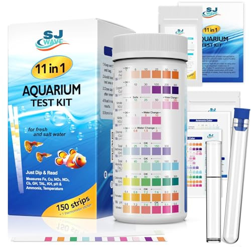 Tiras de prueba de acuario 11 en 1, kit de prueba de agua para peceras con tiras de prueba de amoníaco para peceras (150 tiras) y libro electrónico | Incluye 50 tiras de amoníaco, termómetro y kit de