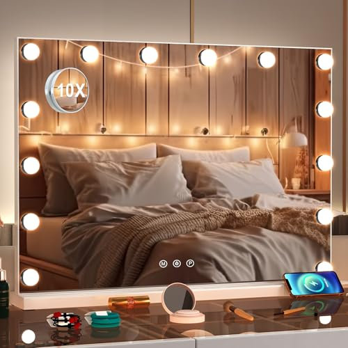 Puselo Espejo Maquillaje Hollywood con Luz, LED-Regulable y 3 Modos de Iluminación, 50 x 40 cm Espejo Control Táctil, Memoria de Brillo, Puerto de Carga, para Mesa o Pared