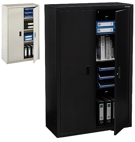 Arebos Armario archivador de oficina, 140 x 90 x 40 cm, 2 puertas, con 3 estantes ajustables en altura, con cerradura cilíndrica, color negro